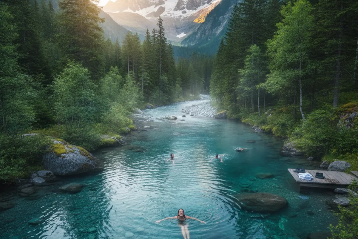 Vue panoramique de l'Aar traversant Berne avec des nageurs en eau froide