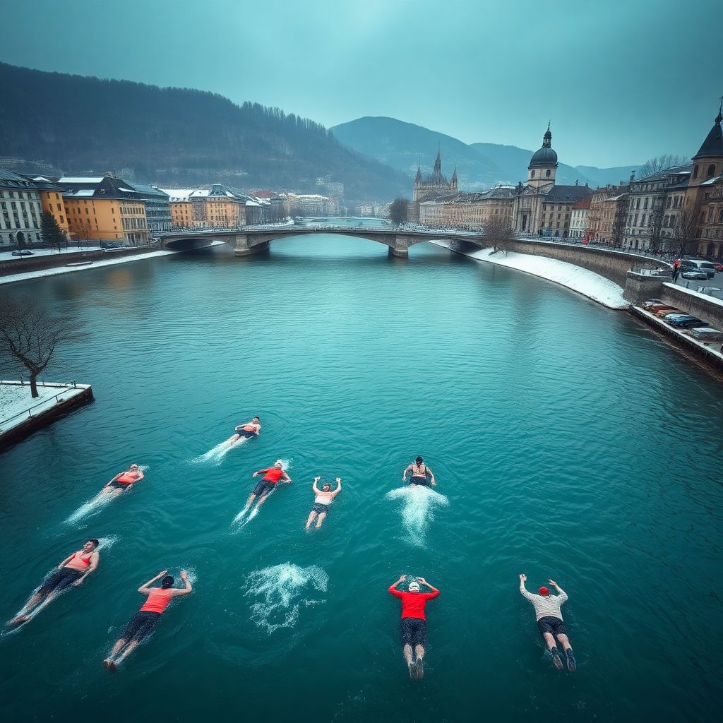 Vue panoramique de l'Aar traversant Berne avec des nageurs en eau froide