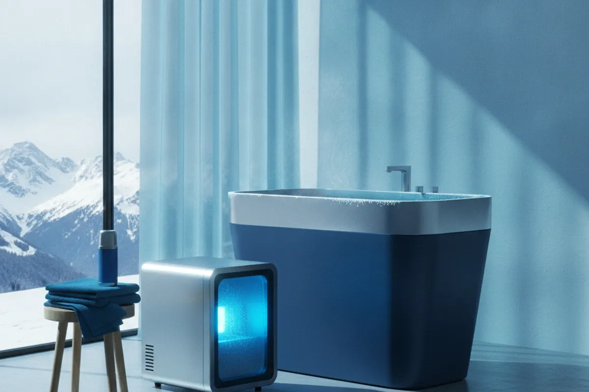 Accessoires essentiels pour le bain froid disposés sur une table en bois