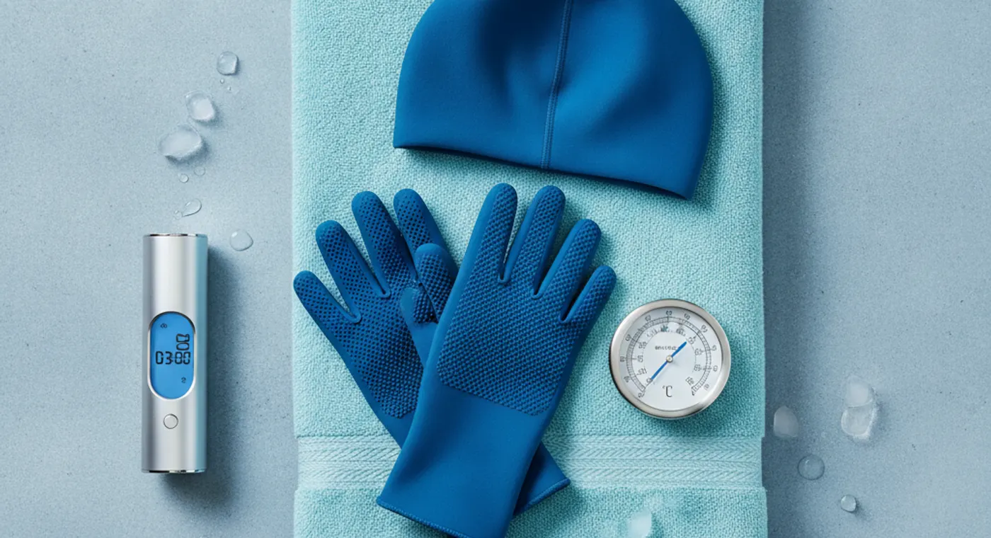 Accessoires essentiels pour le bain froid disposés sur une table en bois — illustration centrale