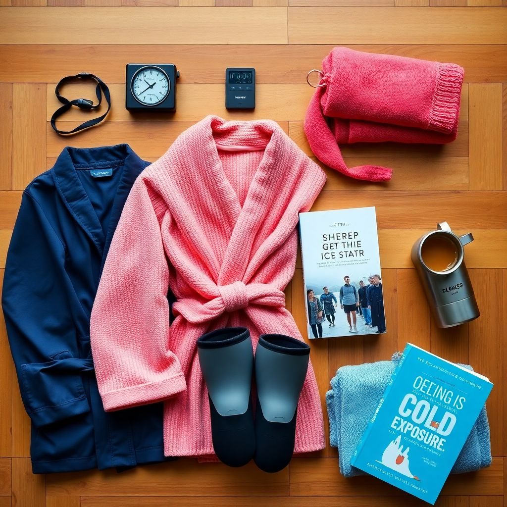 Accessoires essentiels pour le bain froid disposés sur une table en bois