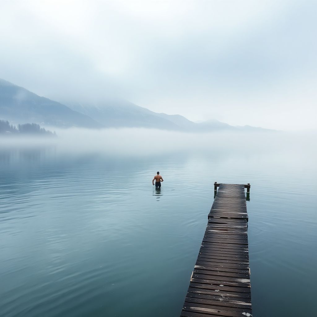 Vue panoramique du lac de Neuchâtel en hiver avec nageur pratiquant la baignade froide
