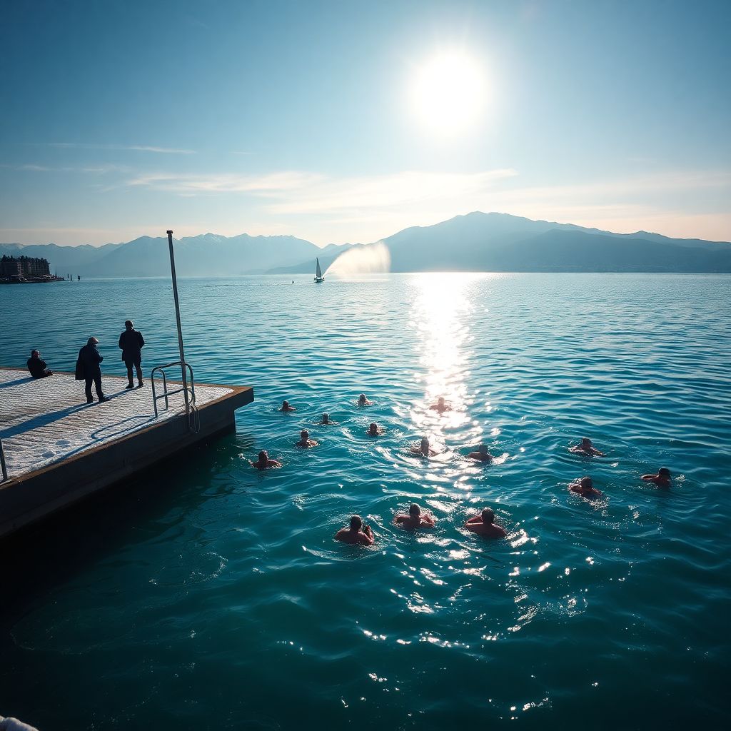 Nageur hivernal dans le Lac Léman avec les Alpes enneigées en arrière-plan
