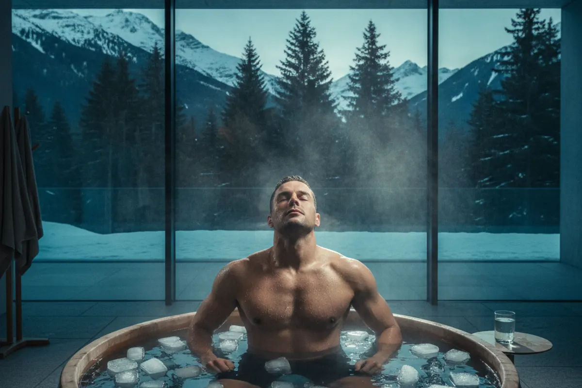 Personne immergée dans un bain de cryothérapie en eau glacée, vapeur froide et ambiance clinique bleutée