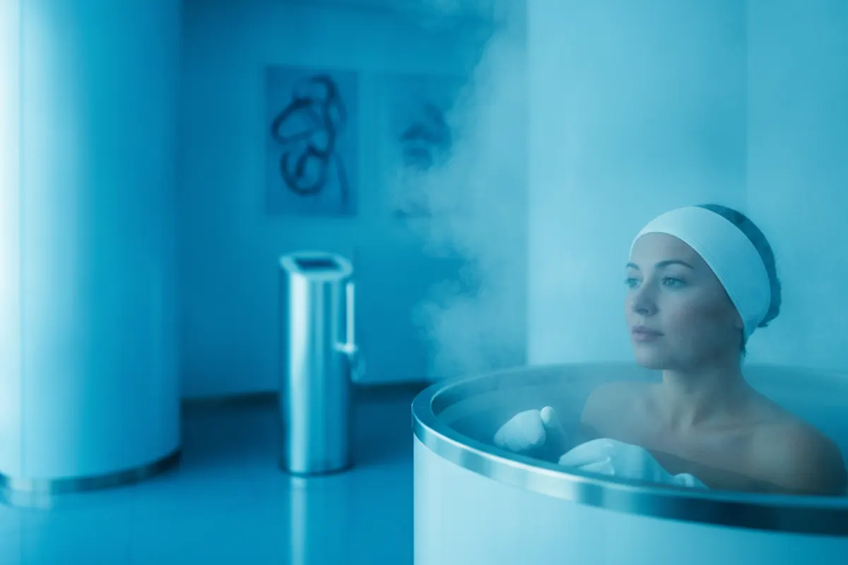 Personne immergée dans un bain de cryothérapie en eau glacée, vapeur froide et ambiance clinique bleutée