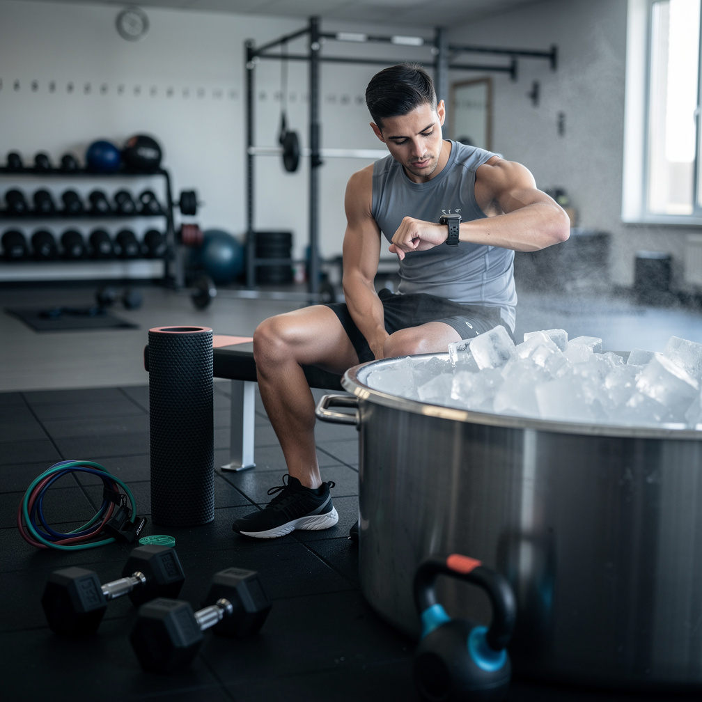 Chronomètre et bain froid symbolisant le timing optimal pour la récupération sportive