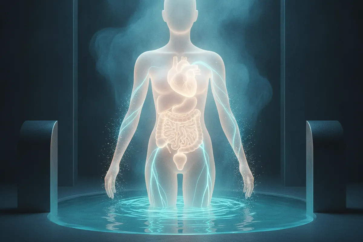 Femme pratiquant le bain froid en pleine nature pour sa santé — illustration 2