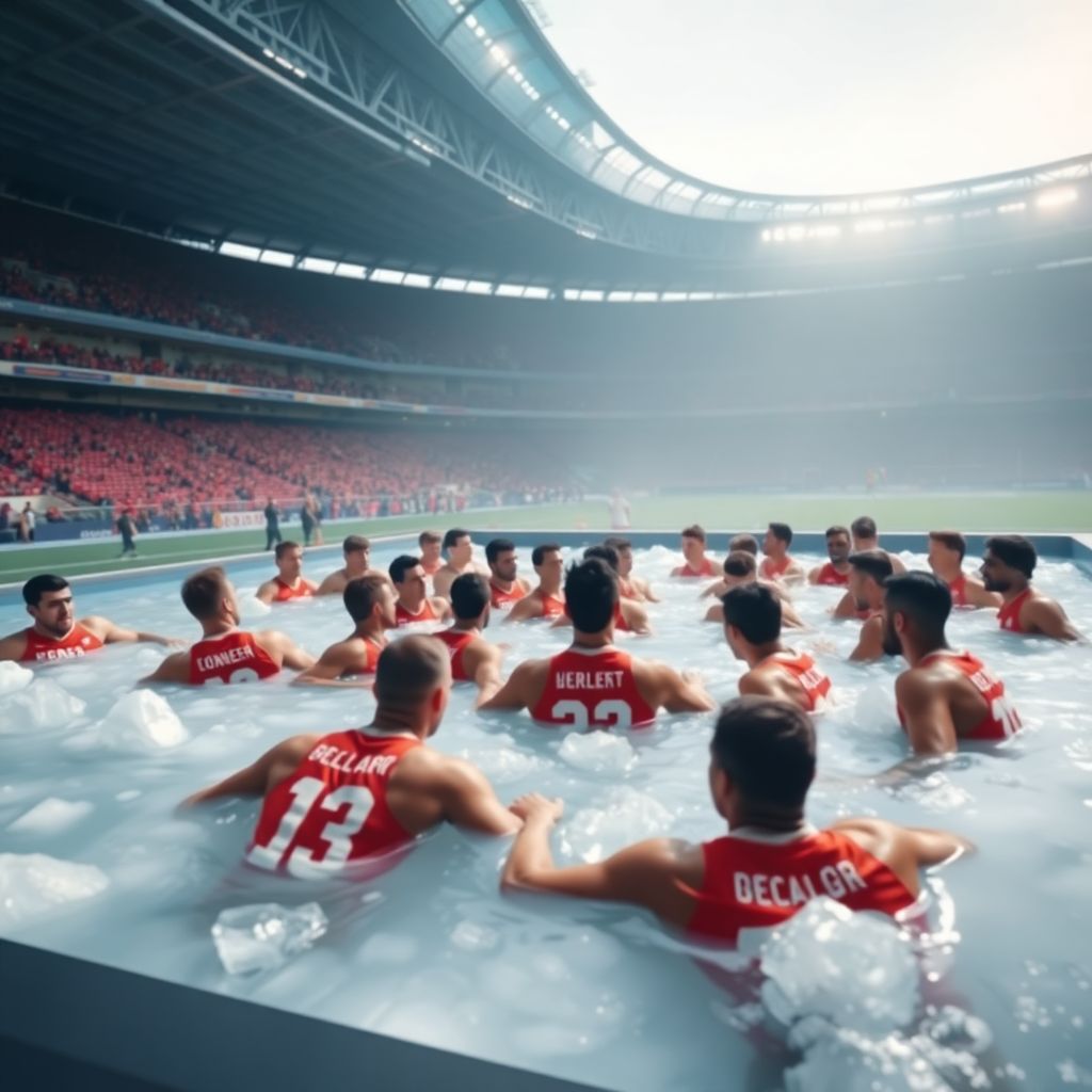 Footballeur professionnel utilisant un bain froid pour la récupération après un match