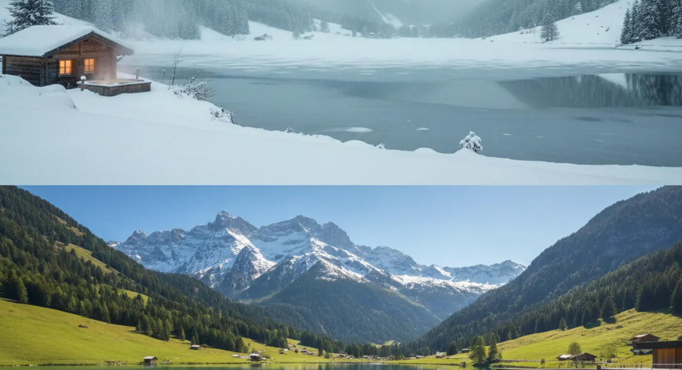Comparaison d'un bain froid en hiver sous la neige et en été au bord d'un lac suisse — illustration centrale