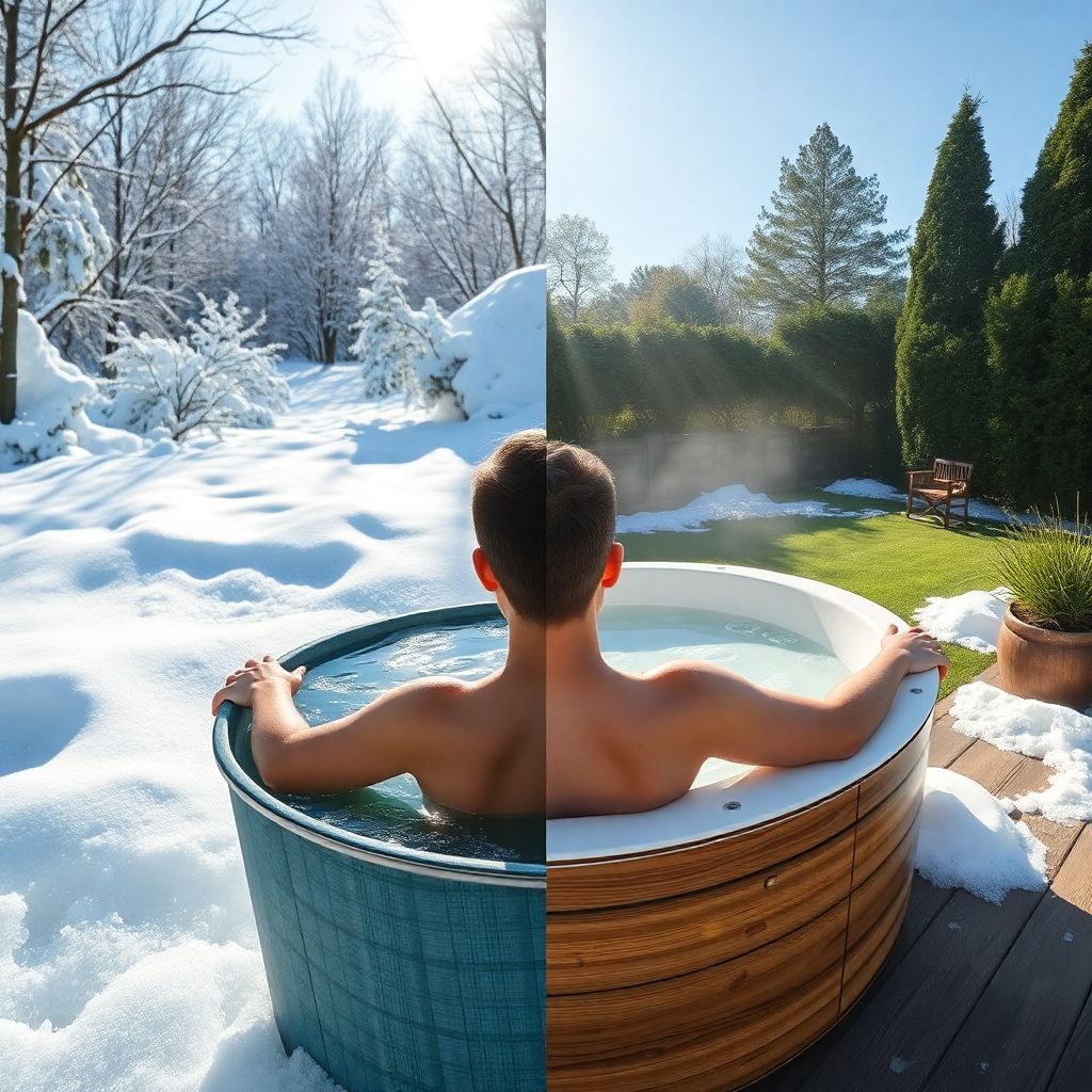 Comparaison d'un bain froid en hiver sous la neige et en été au bord d'un lac suisse