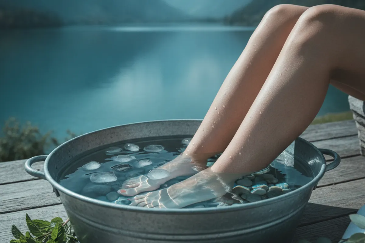 Jambes immergées dans l'eau froide pour soulager la sensation de jambes lourdes et stimuler la circulation