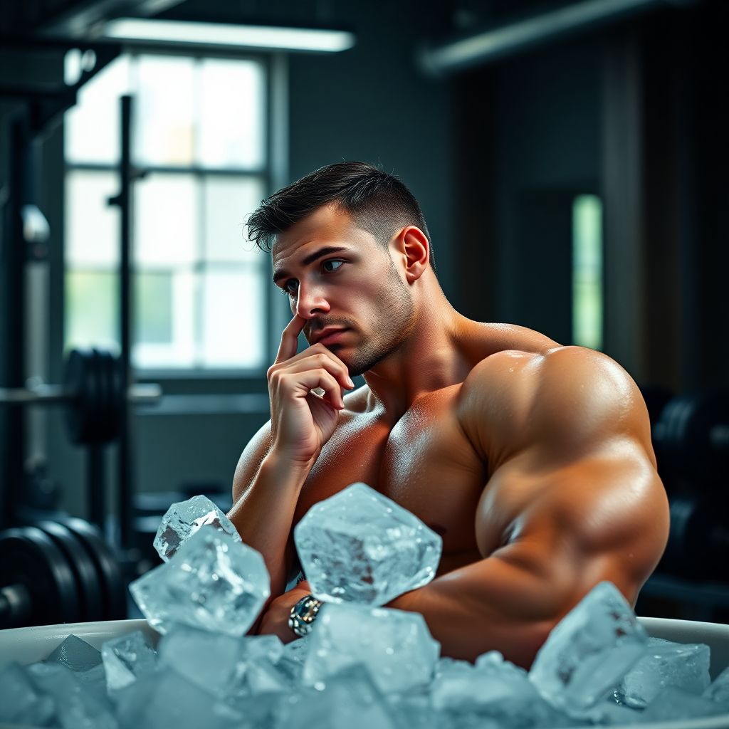 Pratiquant de musculation réfléchissant au timing du bain froid post-entraînement