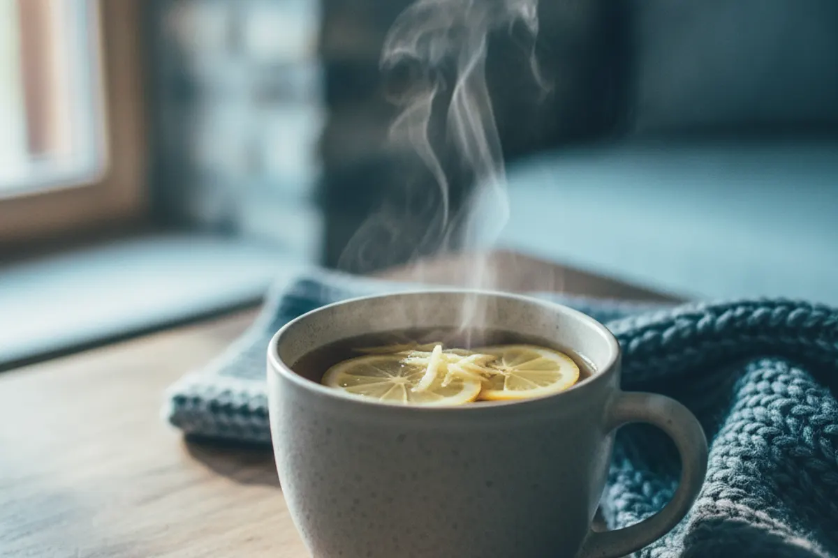 Personne enrhumée hésitant devant un bain froid, tasse de tisane chaude à la main