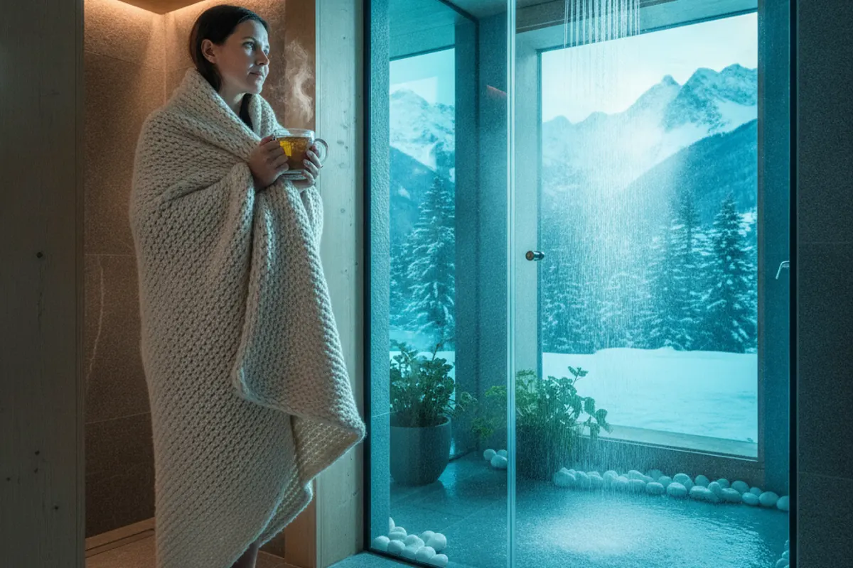 Personne enrhumée hésitant devant un bain froid, tasse de tisane chaude à la main