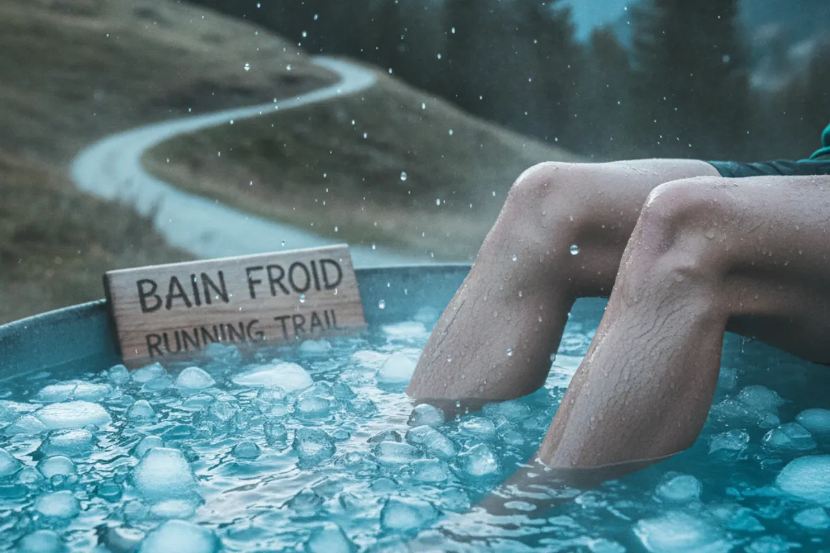 Coureur de trail immergeant ses jambes dans un torrent alpin froid après une course — illustration 2