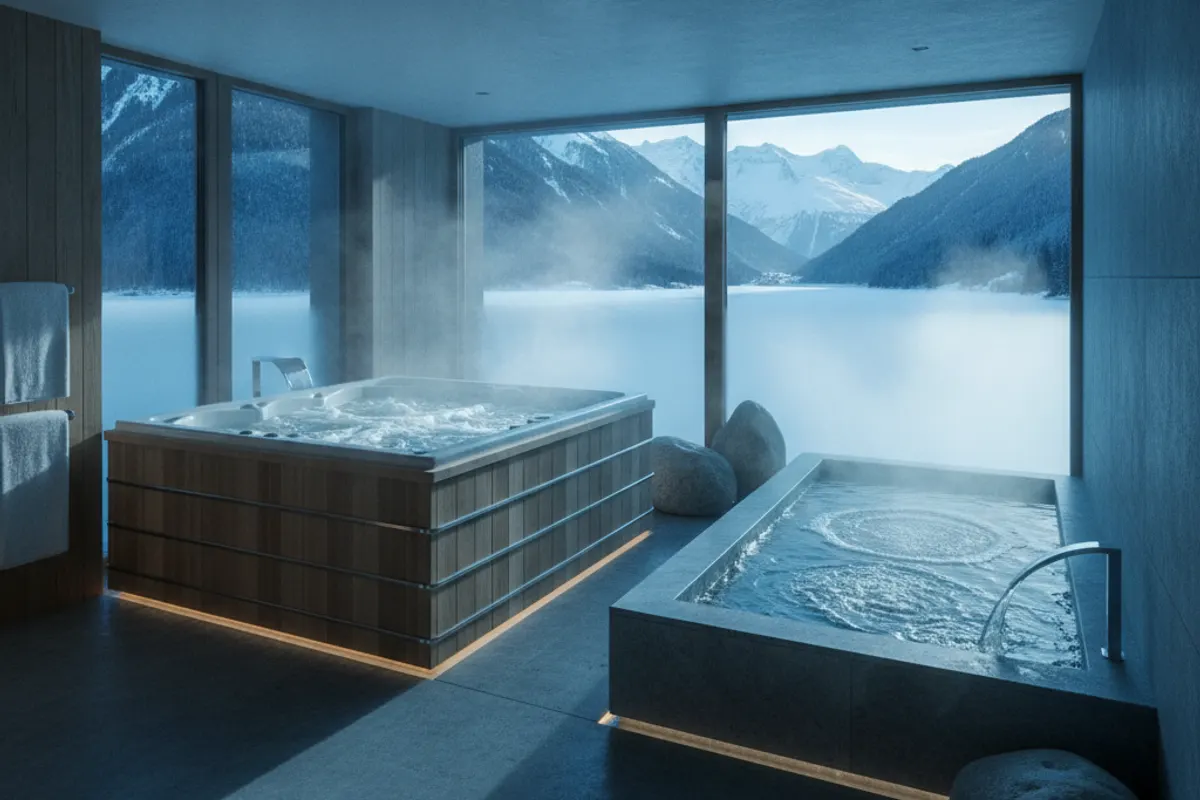 Sauna en bois et bassin de bain froid combinés dans un cadre nordique