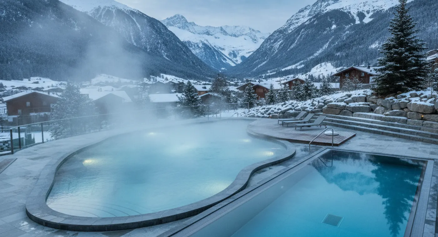 Bains thermaux suisses avec bassin chaud et bassin froid pour le contraste thermique — illustration centrale