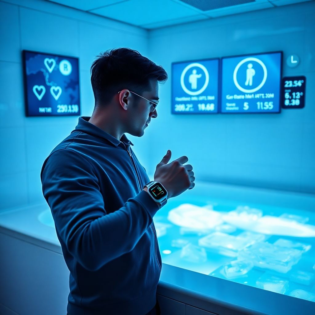 Biohacker mesurant sa réponse physiologique lors d'un bain froid