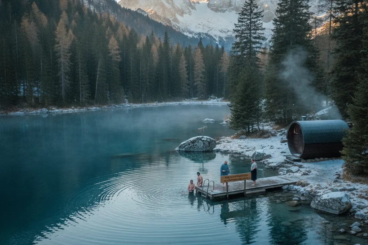 Groupe de nageurs hivernaux suisses se préparant pour une immersion collective dans un lac alpin