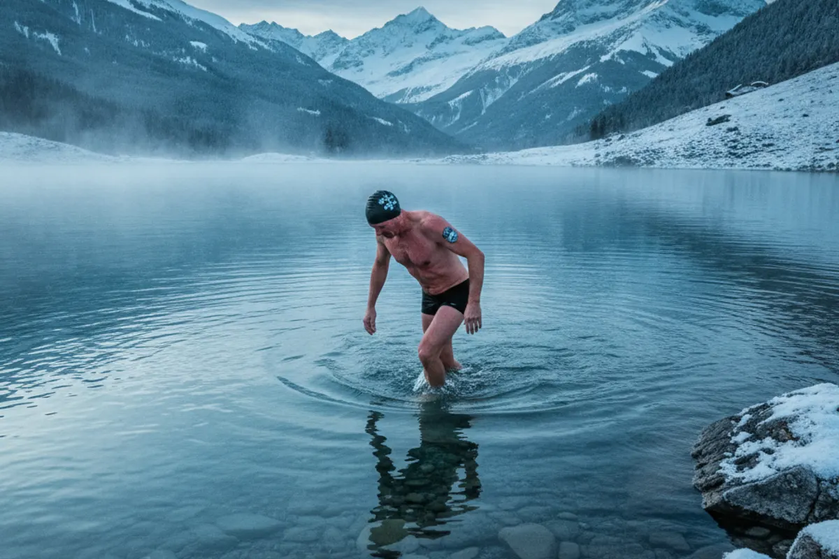Groupe de nageurs hivernaux suisses se préparant pour une immersion collective dans un lac alpin — illustration 2