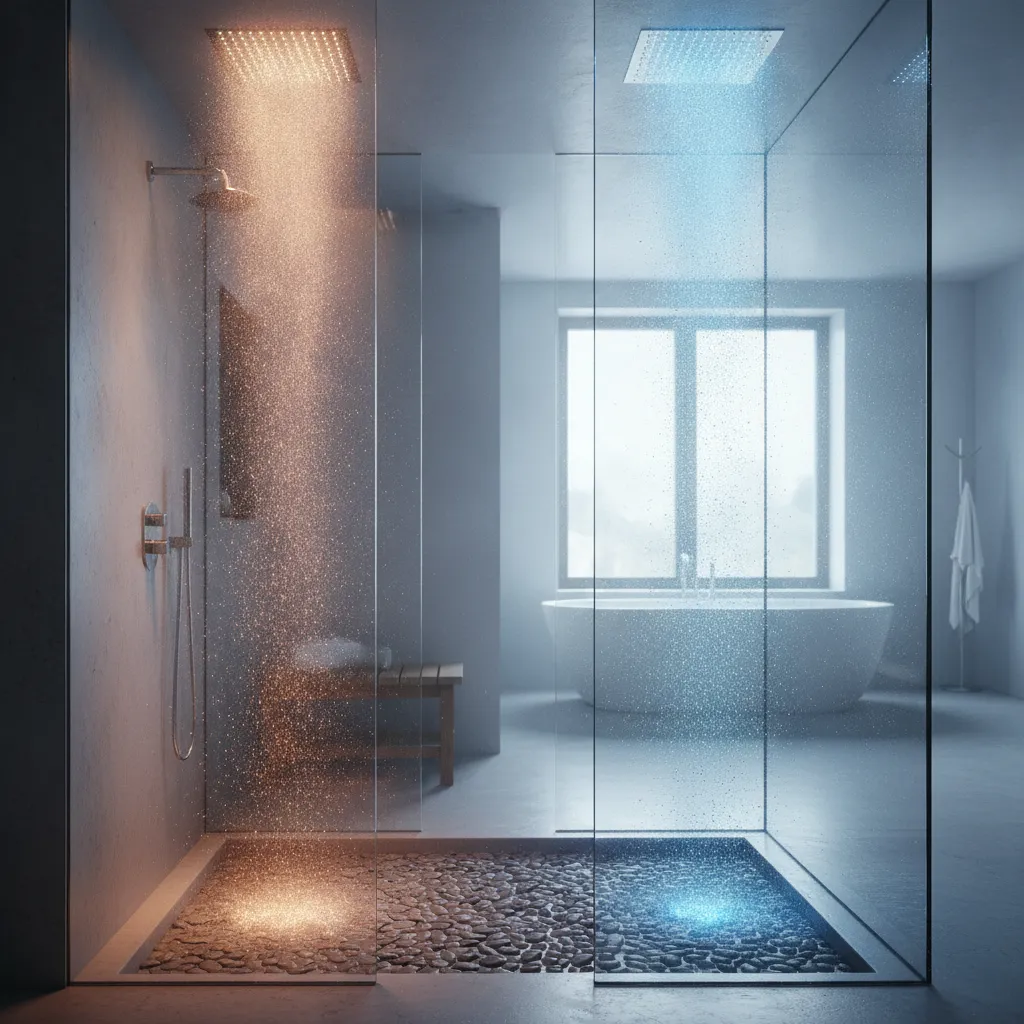 Pommeau de douche avec alternance d'eau chaude et froide illustrant la douche écossaise contrastée