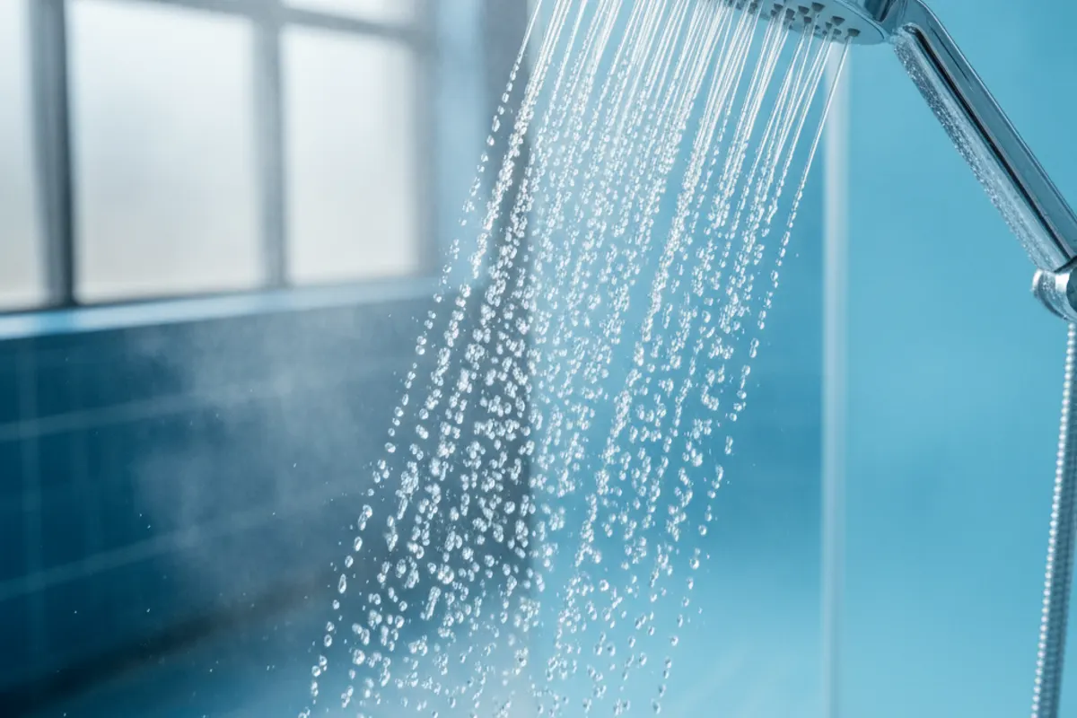 Pommeau de douche avec eau fraîche pendant une journée de canicule pour se rafraîchir