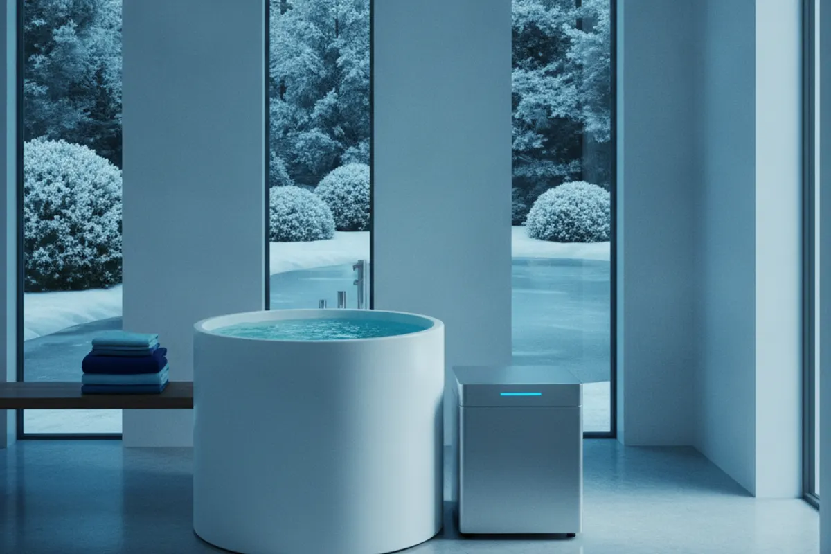 Bain froid installé dans un jardin suisse avec vue sur les montagnes