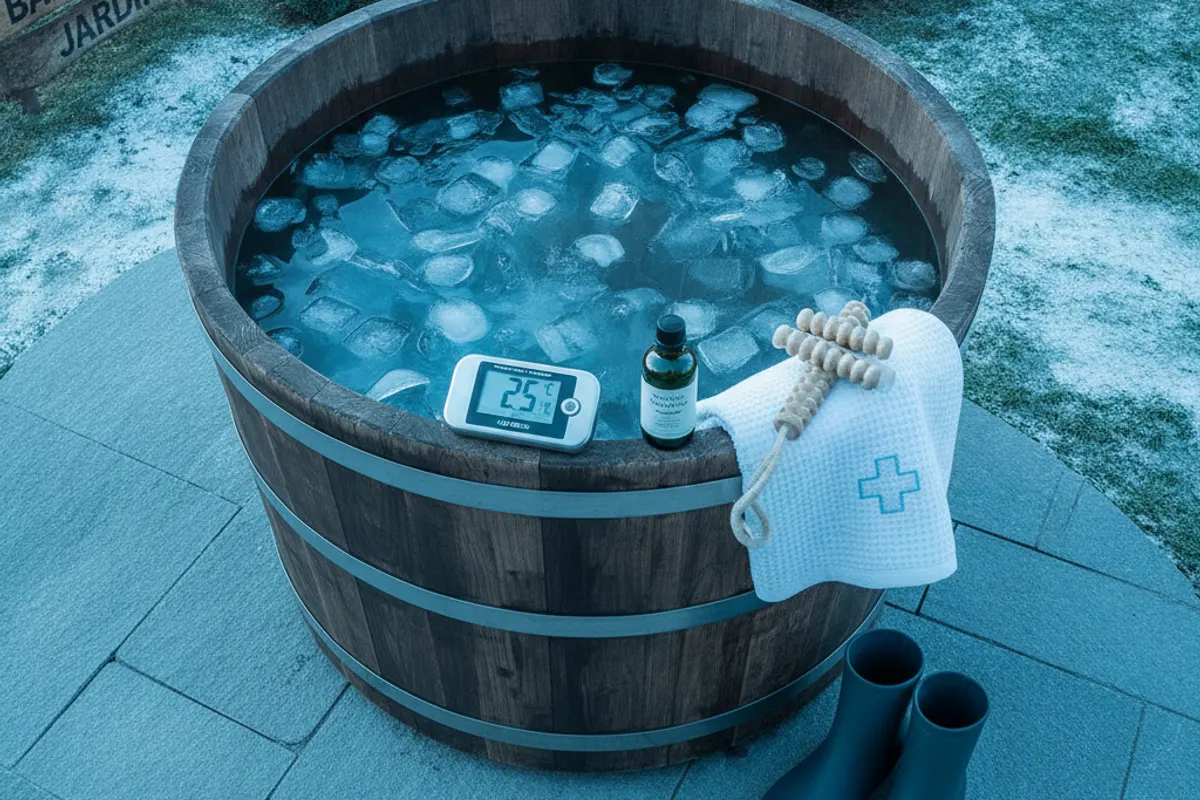 Bain froid installé dans un jardin suisse avec vue sur les montagnes — illustration 2