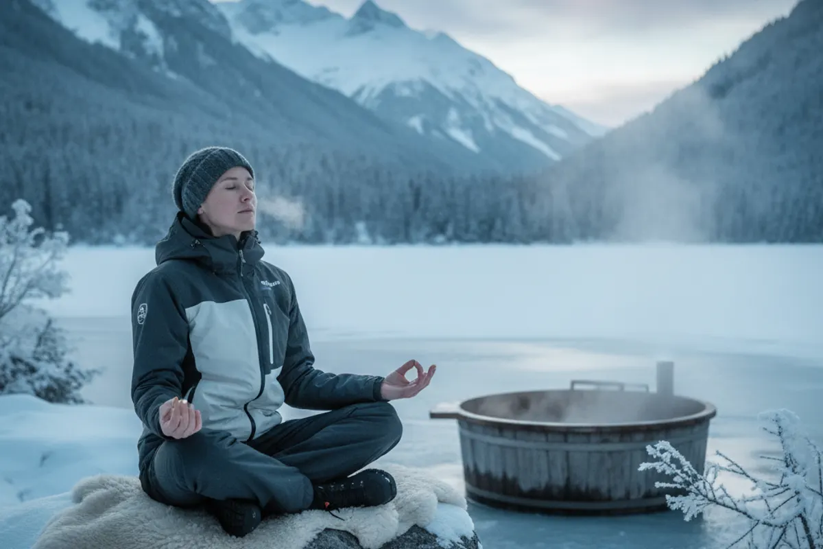 Personne méditant calmement dans un bain froid en pleine conscience