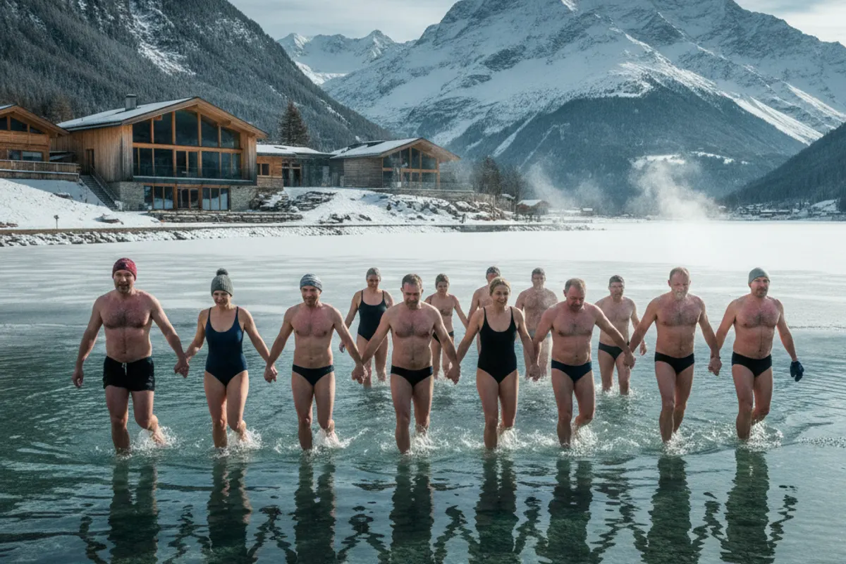 Nageur en eau froide glissant dans un lac suisse à la surface lisse au lever du jour en hiver