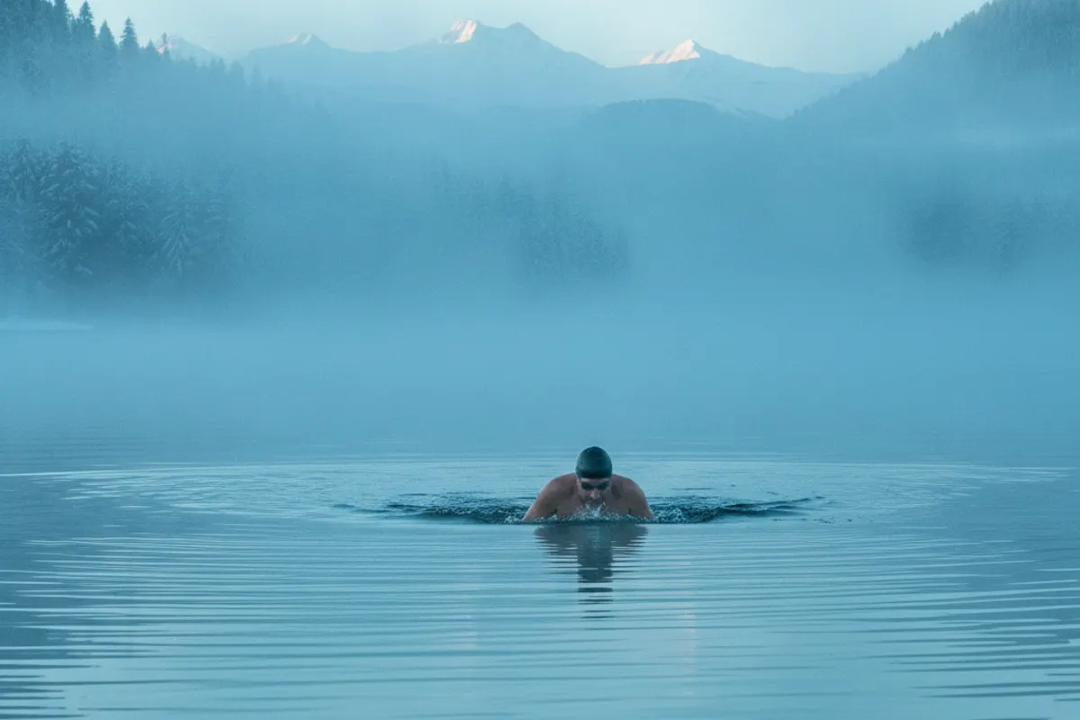 Nageur en eau froide glissant dans un lac suisse à la surface lisse au lever du jour en hiver