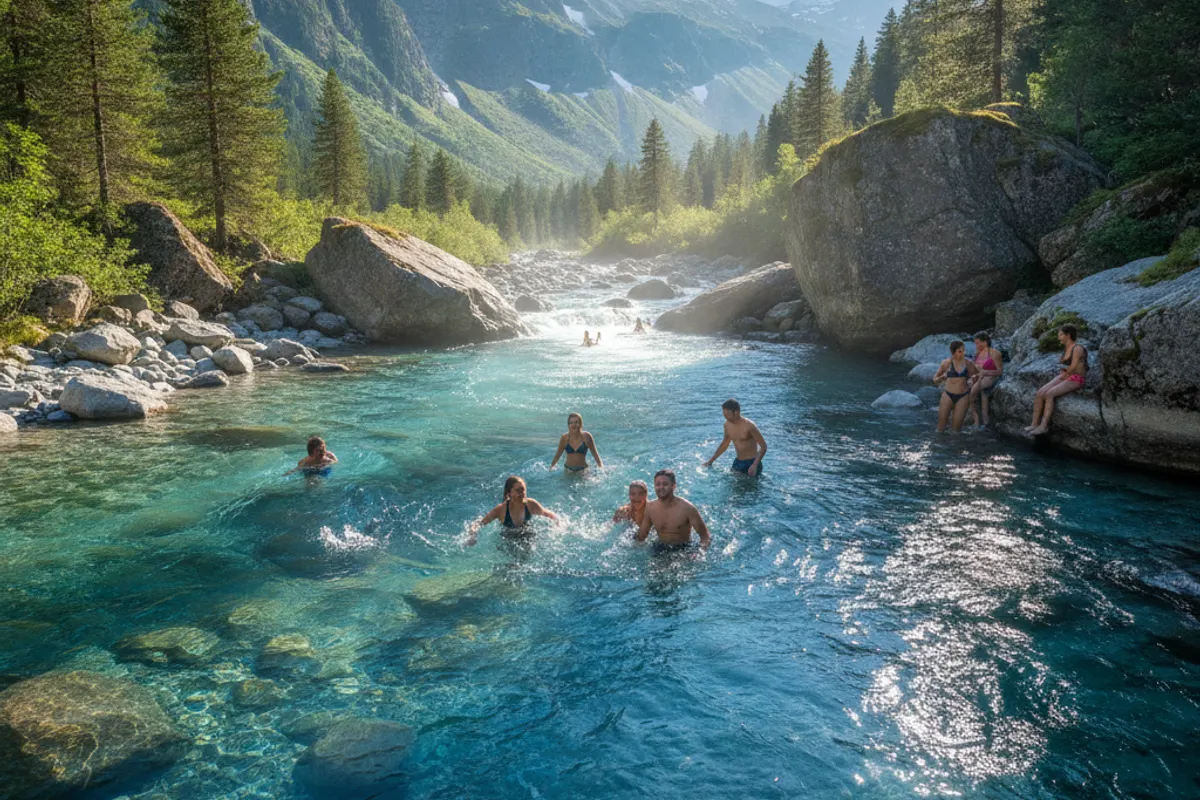 Baigneurs se rafraîchissant dans un lac suisse aux eaux fraîches pendant une canicule estivale