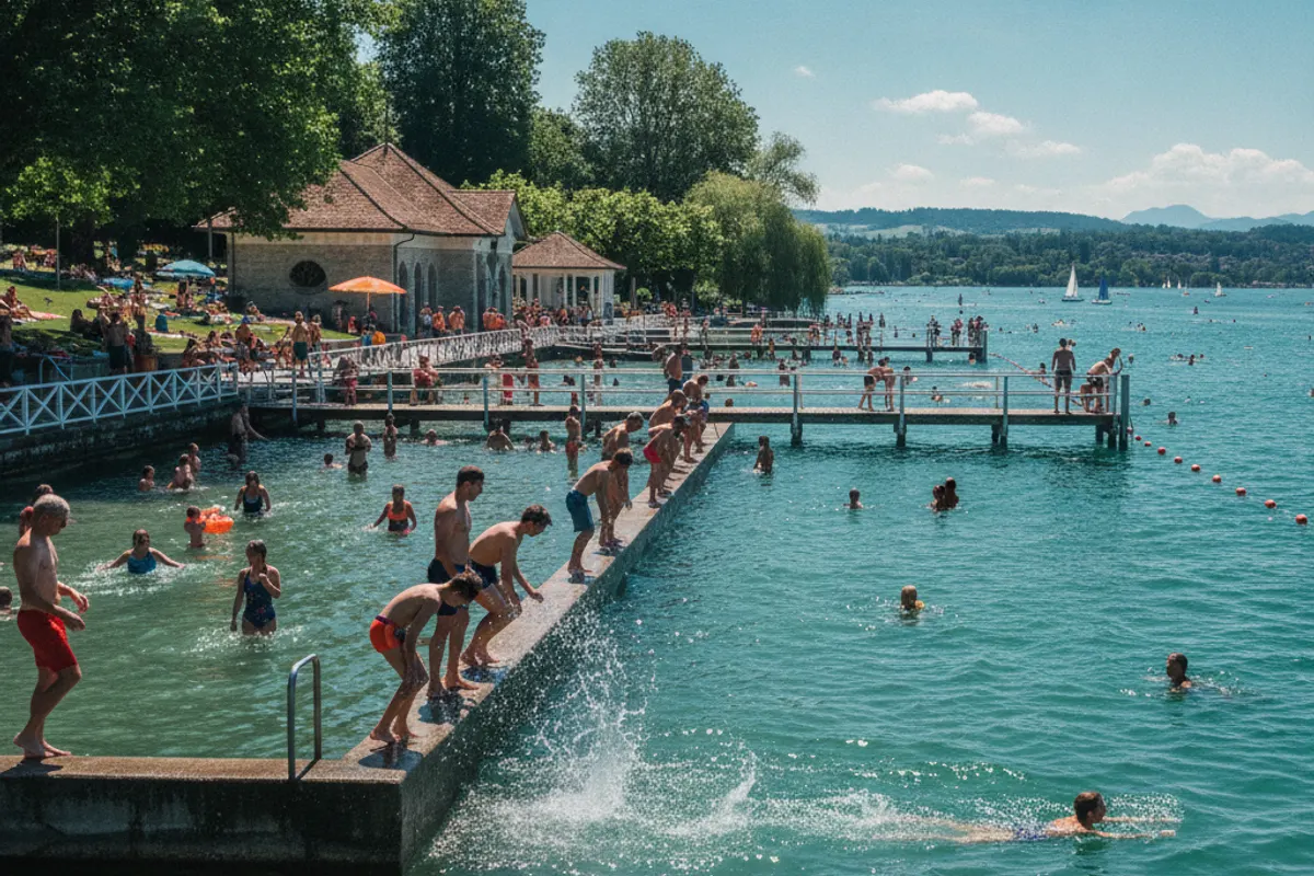 Baigneurs se rafraîchissant dans un lac suisse aux eaux fraîches pendant une canicule estivale — illustration 2