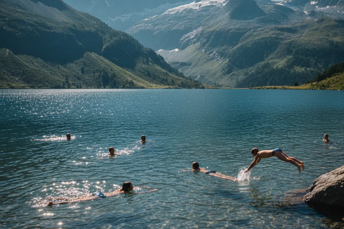 Baigneurs se rafraîchissant dans un lac suisse aux eaux fraîches pendant une canicule estivale