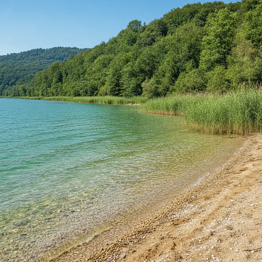 Plage du lac de Neuchâtel en été avec eau claire et rives boisées de la Grande Cariçaie