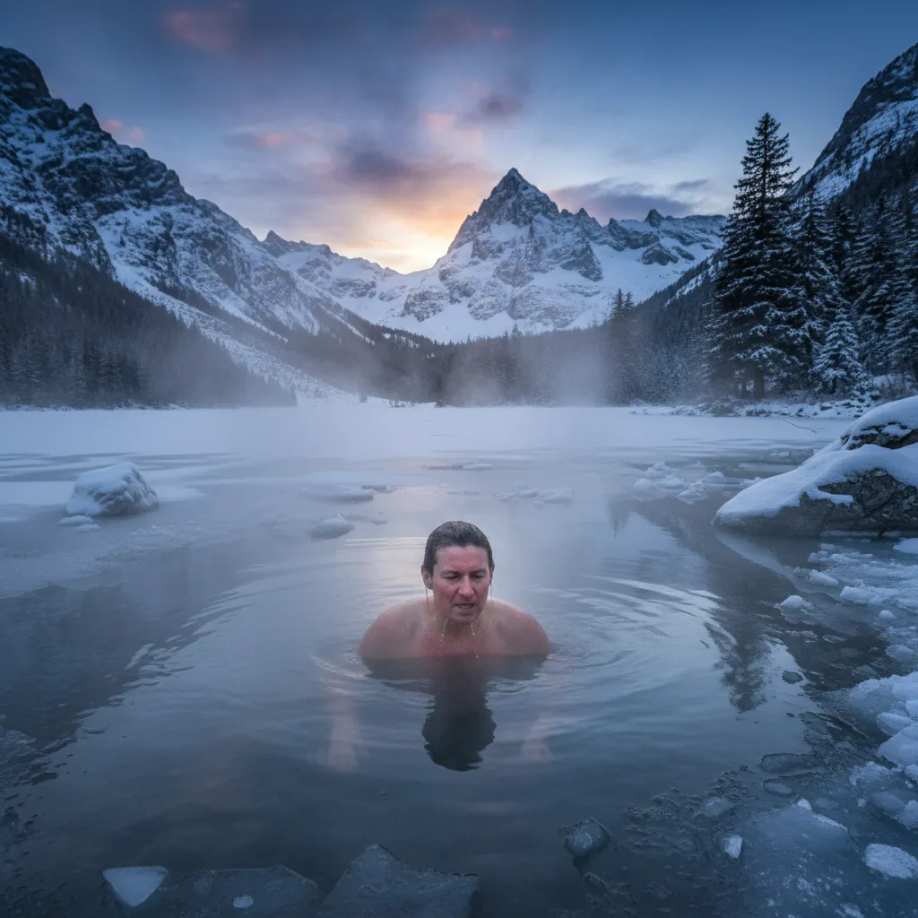 Homme pratiquant le protocole bain froid Wim Hof avec immersion en eau froide selon la méthode progressive