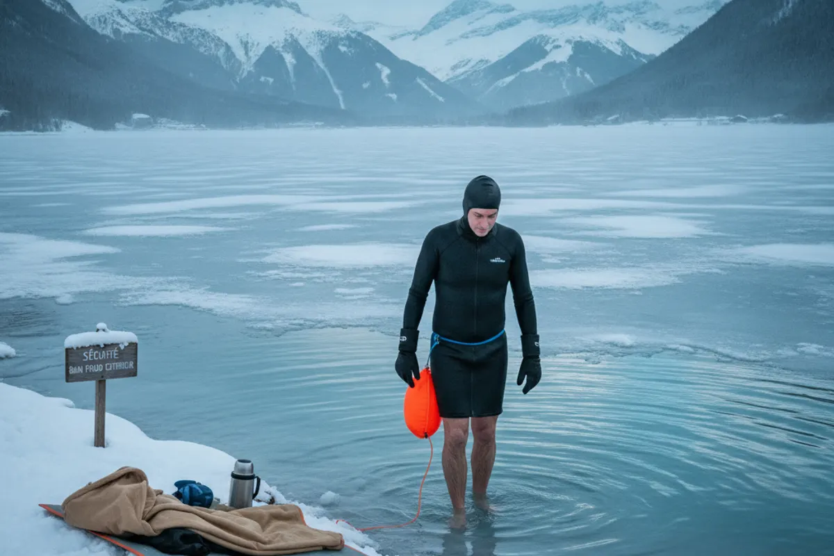 Équipement de sécurité pour la nage en eau froide disposé au bord d'un lac