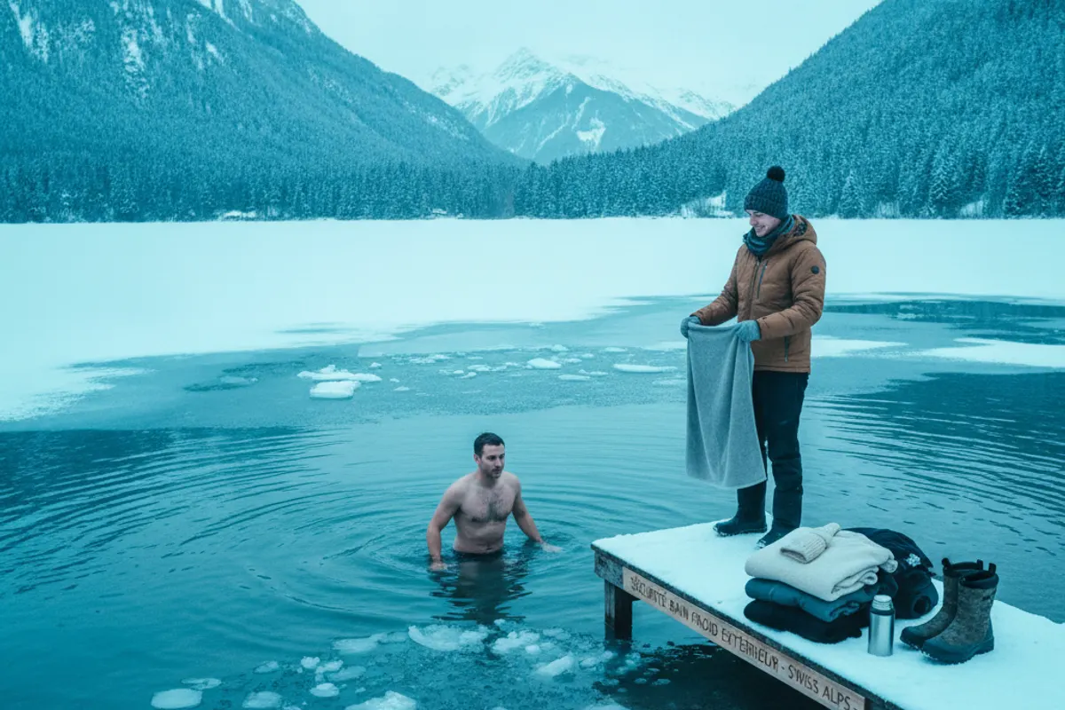 Équipement de sécurité pour la nage en eau froide disposé au bord d'un lac — illustration 2