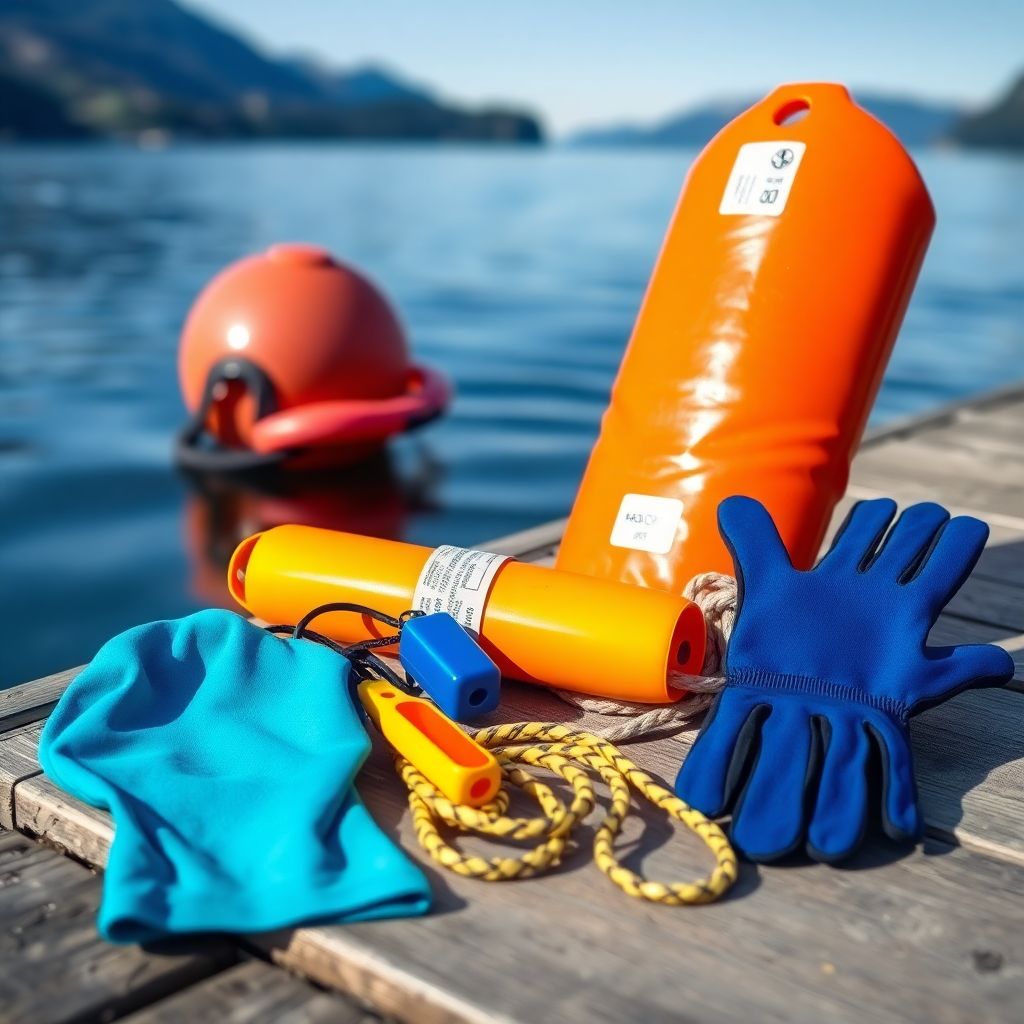 Équipement de sécurité pour la nage en eau froide disposé au bord d'un lac