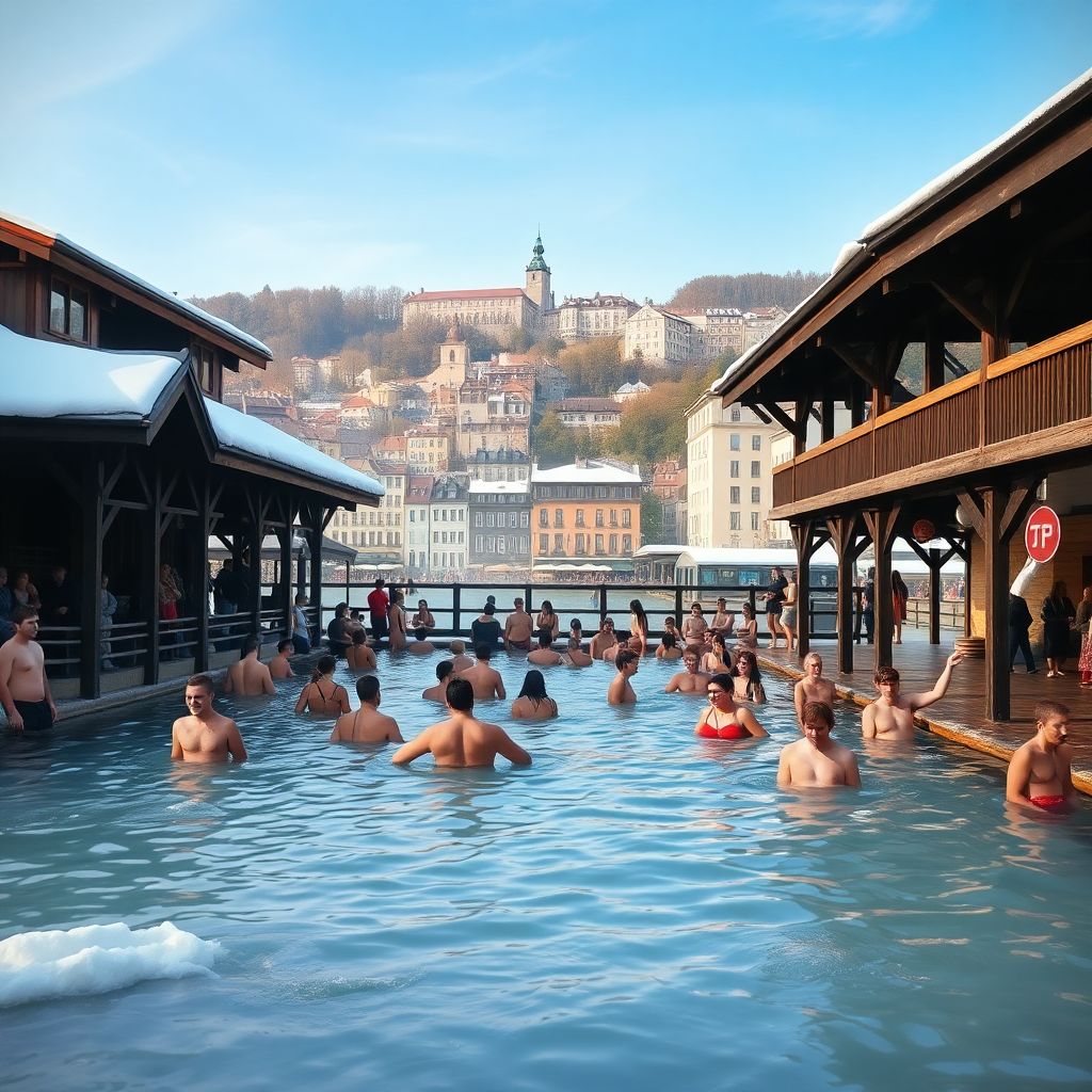 Vue sur un Badi zurichois en hiver avec des nageurs courageux dans l'eau froide