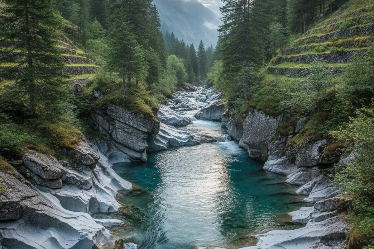 Riviere de montagne suisse avec bassin naturel pour le bain froid en plein air