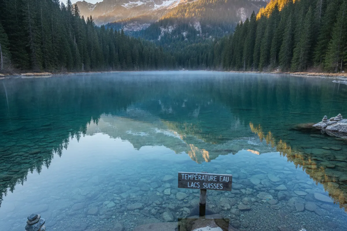 Lac suisse au lever du soleil en hiver avec thermomètre indiquant la température de l'eau froide