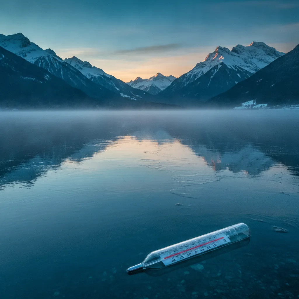 Lac suisse au lever du soleil en hiver avec thermomètre indiquant la température de l'eau froide