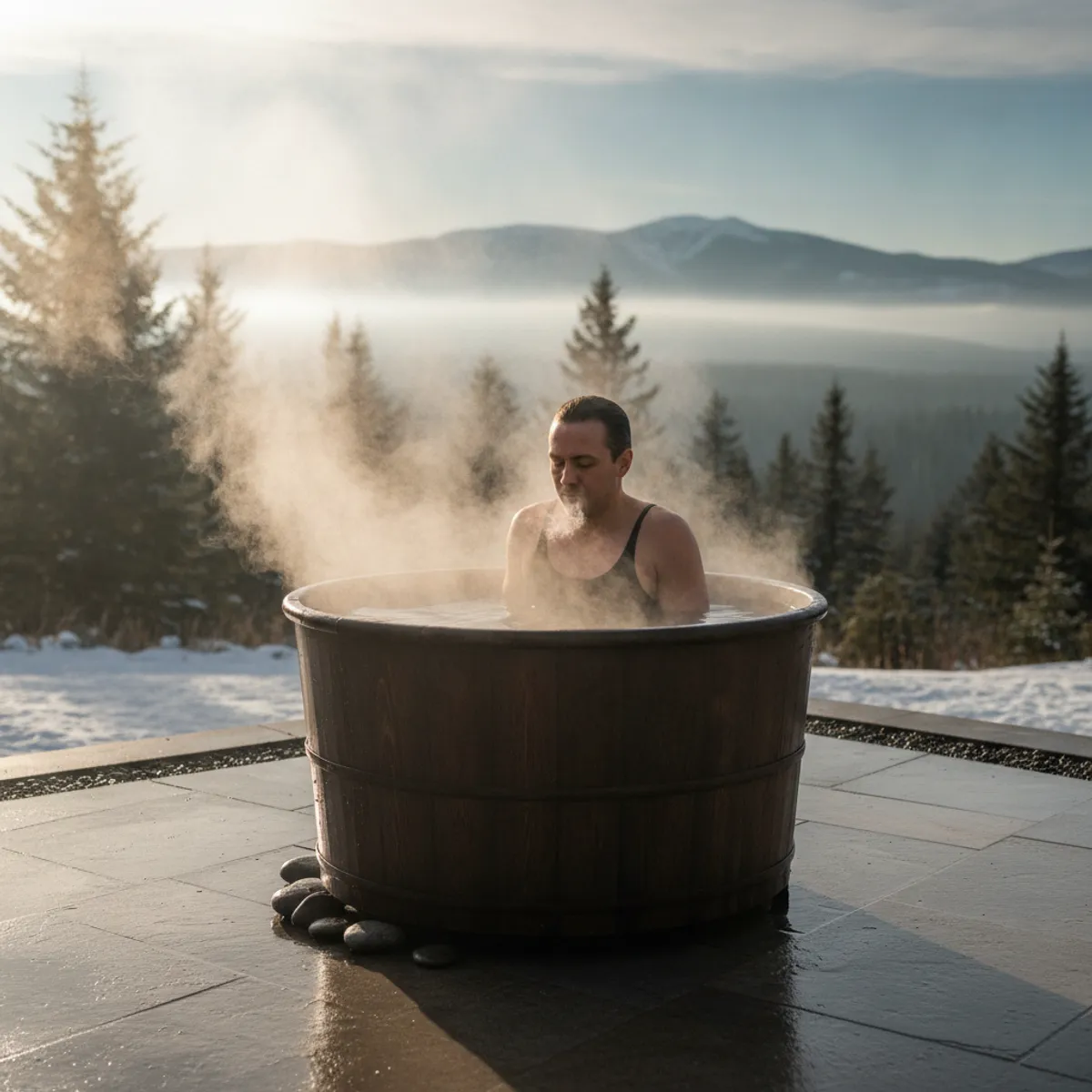 Personne s'apprêtant à prendre un bain froid le matin à jeun